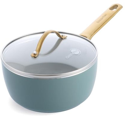 GreenPan Padova Reserve Casserole Antiadhésive en Céramique Saine Anodisée Dure 18 cm/2 Litre avec Couvercle en Verre, Sans PFAS, Induction, Poignée Dorée, Va au Lave-Vaisselle, Va au Four, Bleu Fumé