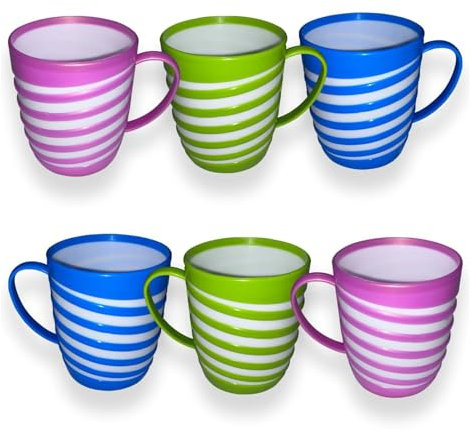 KANSY Plastic Mug with Handle – Lightweight Unbreakable Reusable Cups for Adults, Elderly, Kids to Drink Hot, Cold, Coffee, Tea, Water – Office, Travel, Party, Camping, Caravan, Picnic (6, Striped)
