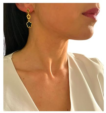 NataschaWoge® 3er Kleeblatt Perlmutt Edelstahl GOLD Huggie Creolen Ohrringe weiß schwarz Schmuck für sie Geschenk schwarz Opal (Gold)