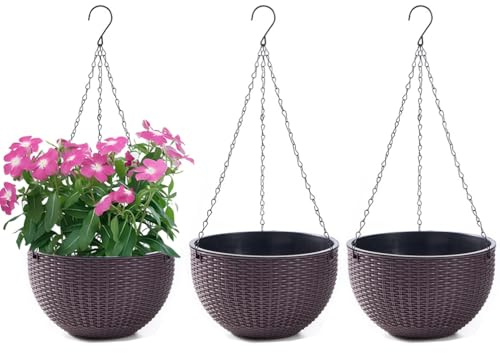 WOWEI 3 Pezzi Vasi da Parete, Vasi da Appendere in Plastica, Vasi da Fiori Sospesi Autoirriganti Vasi da Parete con Serbatoio dell'acqua e Foro di Scarico, Porta Vasi Sospesi con Catene (Marrone, M)