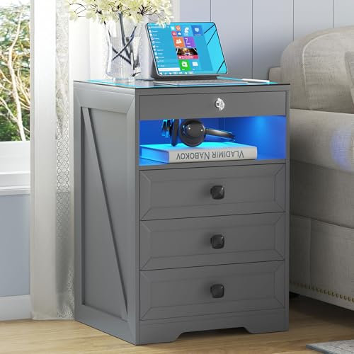Gurexl Led Nachttisch mit Ladefunktion,Smart Nachtschrank mit 3 Licht Dimmbar, Intelligent Sideboard mit 4 Schubladen USB Type-C Mit Schloss Schlafzimmer Grau