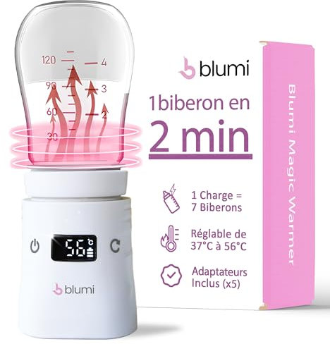 Blumi Magic Warmer - Chauffe-Biberon Electrique Nomade - 1 Biberon en 2 Min - Ultra Puissant (200W) - Recharge Rapide USB-C - Jusqu’à 7 Biberons en 1 Charge - Compact, Léger - Idéal Voyages & Sorties