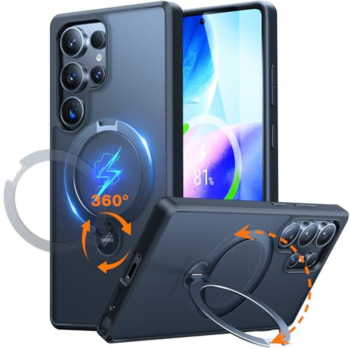 TORRAS Ostand Q3 Spin für Samsung Galaxy S25 Ultra Hülle (360° Magnetischer Robust Standring) TOP Militärschutz Stoßfest Kratzfeste Matt Durchscheinende Rückseite Hülle Samsung S25 Ultra Case Schwarz