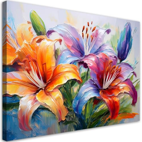 Feeby Bild auf Leinwand - Wandbilder Wohnzimmer Aesthetic - Lilien Blumen Bunt Gemalt - 120x80 cm XXL 1tlg - Schlafzimmer Wandekoration - Bilder Zimmer - Living Room - Deko Wandbilder - Moderne Bild