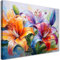 Feeby Bild auf Leinwand - Wandbilder Wohnzimmer Aesthetic - Lilien Blumen Bunt Gemalt - 120x80 cm XXL 1tlg - Schlafzimmer Wandekoration - Bilder Zimmer - Living Room - Deko Wandbilder - Moderne Bild
