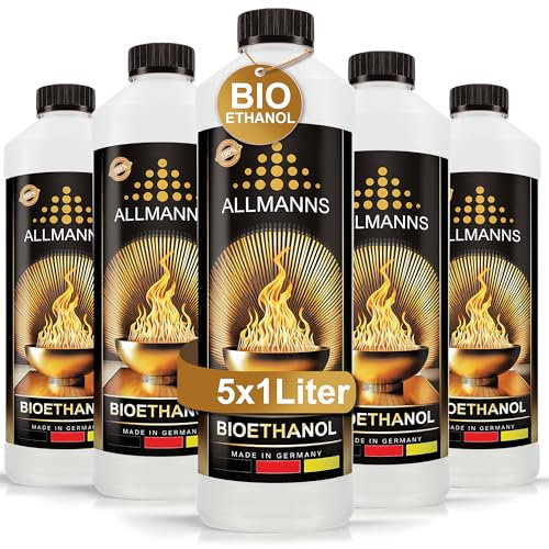 Allmanns Bioethanol 5 x 1l 100% | Bio Ethanol 100 Prozent | Reiner Bioalkohol geeignet für Indoor & Outdoor | ideal für Tischkamin Tischfeuer Kaminofen Feuerstelle Feuersäule