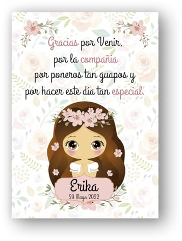 Genérico Tarjetas de Agradecimiento para Comunión Niña sin boca, detalle para invitados. Tarjetas de agradecimiento para invitados, tarjeta de agradecimiento niña de comunion.