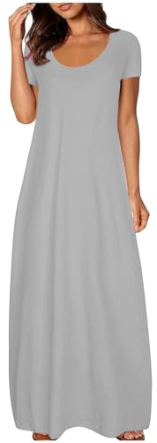 HOOUDO Summer Maxi Dresses for Women UK Casual Short Sleeve Cotton Swing Long Dress Scoop Neck Flowy Sundress with Pockets for Beach Holidays