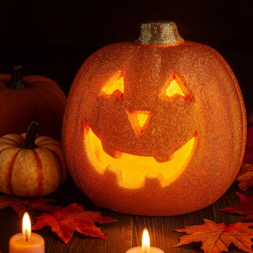 Halloween LED Kürbis Laterne Für Outdoor Innen, Halloween Deko Kürbis Figuren, 20cm Herbstdeko Pumpkin Statuen Ornamente mit Licht Für Drinnen und Draußen Party Herbst Tischdeko Beleuchtung (E)