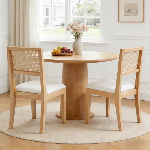 Relbiety Esszimmerstühle 2er Set mit Rattan Rückenlehne Sitzfläche aus Leinen,Polsterstuhl ohne Armlehnen Küchenstuhl mit Holzbeinen für Esszimmer,Küche,Wohnzimmer,Beige