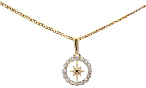 ASCALIDO collier 45cm | La bonne étoile brillante | en plaqué Or véritable | Pendentif rose des vents cerclée de brillants | prêt à offrir avec chaine et coffret | idéal cadeau femme