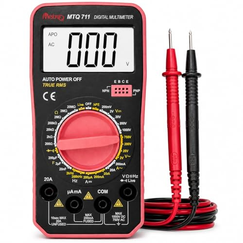 TRMS Digital Multimeter 1000V DC — MetroQ MTQ 711 with hFE Transistor Test, 20A Current, Live Wire Detection & Capacitance | For Electronics, Electricians & Automotive
