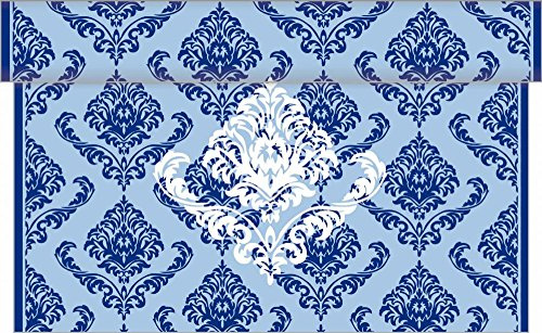 Sovie HOME Tischläufer Giorgio in BLAU, 40cm x 4,80m, 1 Stück, alle 30cm perforiert, aus Linclass® Airlaid, edles barockes Ornamentdesign, Einweg-Tischdeko in Stoffoptik