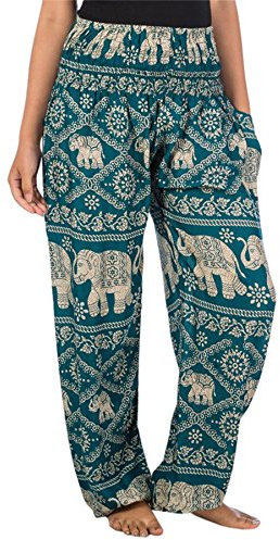 Lofbaz Damen Boho Haremshose Festival Outfit Sommerhose Leicht Yogahose Pumphose Hippie Hose Kleidung Sommer Hosen - Elephant 1 Teal Grün 4XL Große Größen