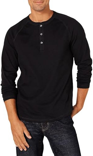 Amazon Essentials Camisa Henley de Manga Larga de Ajuste Entallado Hombre, Negro, M