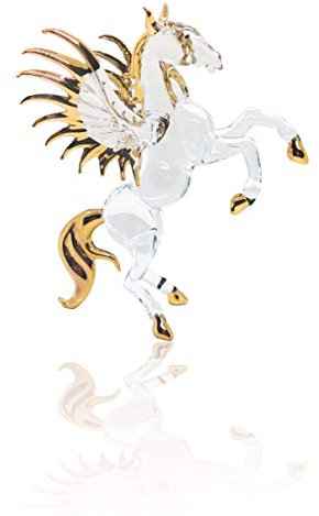 WitnyStore 11,4 cm lange Pegasus-Figur – Miniatur mundgeblasenes Glas, Einhorn, Alicorn, Fantasy-Pferd, Fabelwesen, Kristalltiere, dekorative Sammlerfiguren, Dekoration, Geschenke