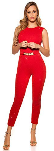 Koucla Damen Overall Jumpsuit Playsuit mit Schnalle (Rot (Glitzer), L)