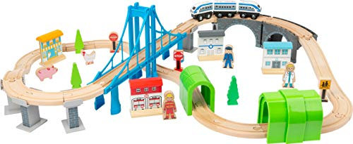 small foot Eisenbahn Brückenschlag aus Holz mit Hängebrücke und Tunneln, Spielwelt auf zwei Ebenen, ab 3 Jahren, 11492