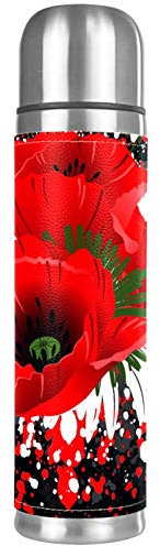 Bouteille d'eau étanche en acier inoxydable avec motif de coquelicot rouge - Thermos pour boissons chaudes et froides - 500 ml - Pour le bureau, l'école, les voyages