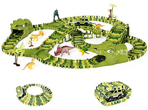 COSTWAY Circuit de Voitures avec Piste en Forme de Dinosaures, 269 Pièces, avec Dinosaures Réalistes, Ponts, Tunnels pour Les Enfants à Partir de 3 Ans