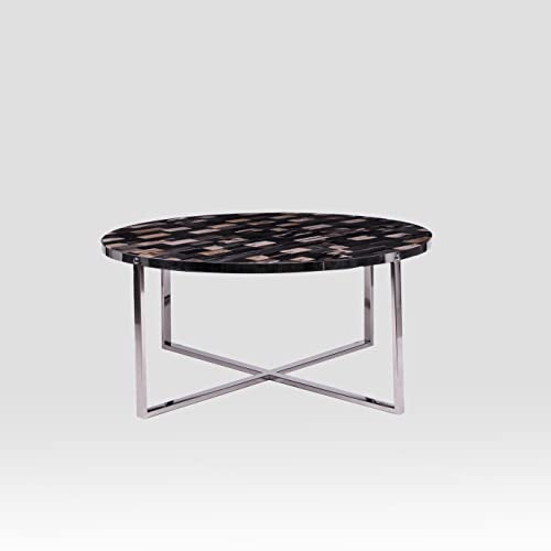 Rikmani Designer Couchtisch Stahl rund Tisch aus Stein Couchtisch - Couchtisch MOSAIK | Versteinertes Holz | Epoxidharz | Edelstahl