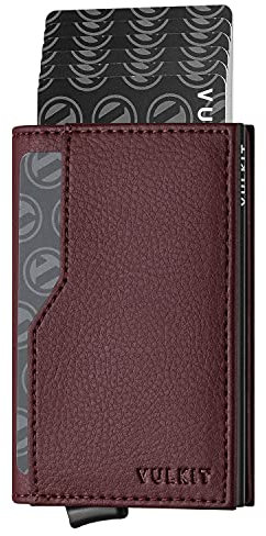 VULKIT Credit Card Holder with Double ID Window Leather Passcase Wallet RFID Blocking Automatic Pop Up Card Wallet for Cards & Notes