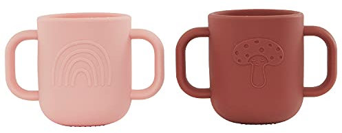 OYOY Kappu Cup – Pack of 2 – Bicchiere con due manici per neonati e bambini – Tazza in silicone rosso (corallo scanalato) – 7,5 cm x 11 cm x 6,5 cm – M107084
