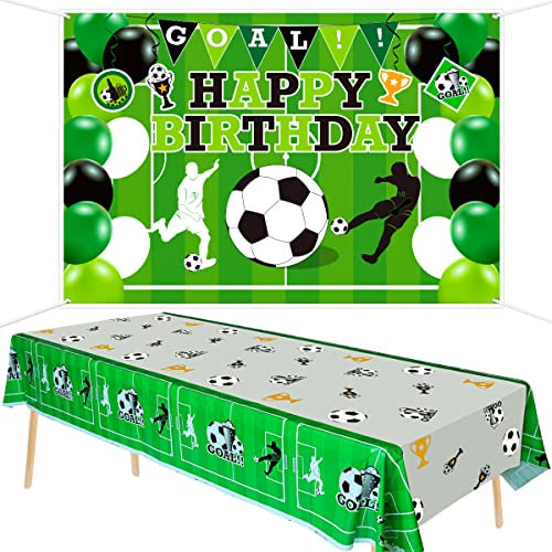 Fußball Happy Birthday Hintergrund und Tischdecke Set, Fußball Bedruckte Einweg-Kunststoff-Tischdecken für Kinder Fußball-Geburtstagsfeierdekorationen