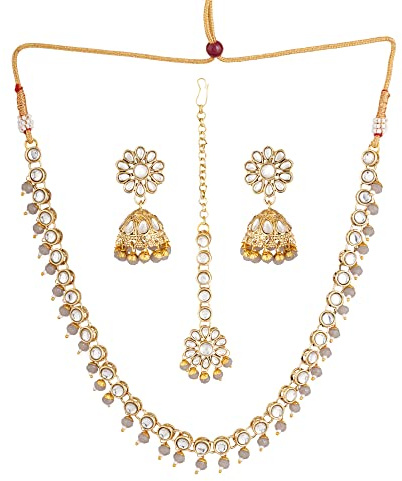 Jwellmart Gold Polish Faux Kundan Bridal Wedding Choker Necklace Earrings Tika Combo Set Bollywood Party Traditional Fashion Indian Jewelry Jewellery Set for Women