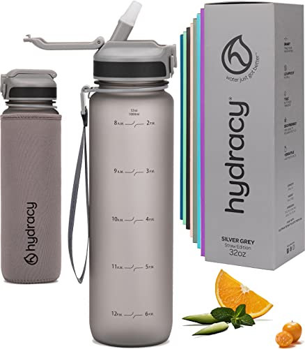 Hydracy Gourde d'Eau 1L sans BPA, Bouteille avec Marqueur de Temps, Paille et Verrouillage Sécurisé - Housse en Néoprène, Étanche, Anti-Fuite, Réutilisable, Légère - Idéal pour Sport, École, Travail