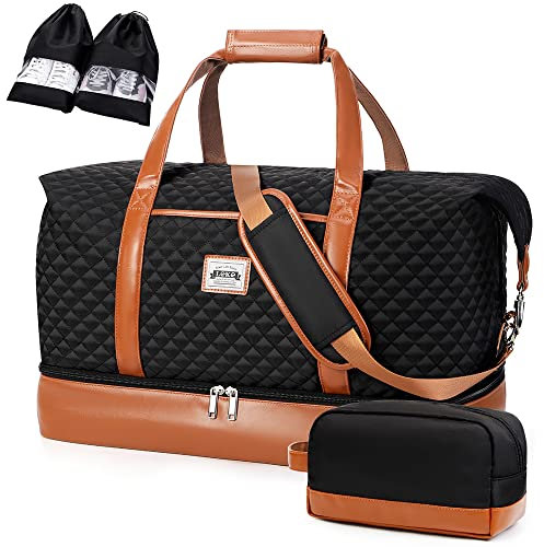 Lekespring Reisetasche Damen, Reisetasche Handgepäck Sporttasche Weekender Tasche Für Flugzeug, Kliniktasche Geburt, Duffle Bag mit Kulturbeutel und 2 Schuhsäcken, 50L, Schwarz