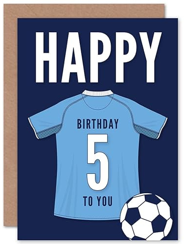 Artery8 Soccer Football 5th Birthday Card for Boys Girls Sky Blue Jersey Football Top on Dark Blue Background