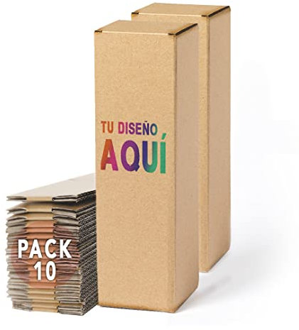Pack 10 Cajas de Cartón Personalizadas | Logo, Dibujo, Frase que Elijas en el Frontal | Ideal para Botellas, Termos y otros Regalos de Empresa, Navidad, Eventos - 8x26,7x8cm | Kraft