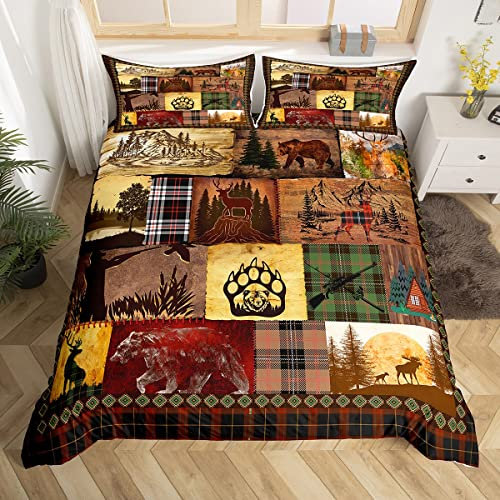 Rustikale Kabine Lodge Bettwäsche Set Patchwork Ente Bär Hirsch Elch Tröster Abdeckung 135x200 für Erwachsene Retro Bauernhaus Büffel Plaid Bettbezug Jagd Wald Wildtiere Tier Bett Set 1 Kissenbezug