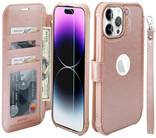 VANAVAGY iPhone 15 Pro Max Wallet Case, Leather Flip Folio Shockproof Phone Cover [Screen Protector Included][Support Wireless Charging][Wrist Strap]with RFID Blocking Card Holder, Rose gold