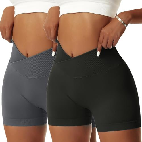 Vertvie Damen Gym Shorts V Cross Stretch Push Up Yoga Shorts Booty Scrunch Fitness Hosen Kurz High Waist Nahtlos Workout Sportshorts Butt Lift Kurze Leggings Sommer (Schwarz/Dunkelgrau, S)