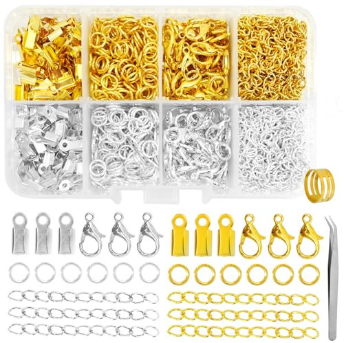 FIHODONE 900 PCS Jewellery Clasps Set Gold,Silver Lobster Clasps with Jump Rings Connectors,Tweezers, Plastic Boxes,Bracelet Clasps for Jewellery Making Kit DIY Craft