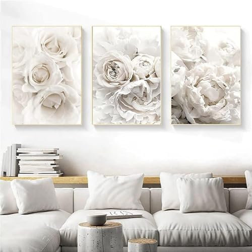 DLKAJFK Ensemble d'affiches de peinture murale moderne, paysage naturel, plage, feuilles de roseau, roses blanches, impression sur toile, décoration murale, ensemble d'affiches sans cadre (fleurs