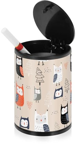 Kawaii Aschenbecher mit Eulen, Bäumen, Wald, für den Innenbereich, mit Deckel, geruchsdicht, Edelstahl, tragbar, rauchfrei, Mini-Mülleimer, Aschenbecher