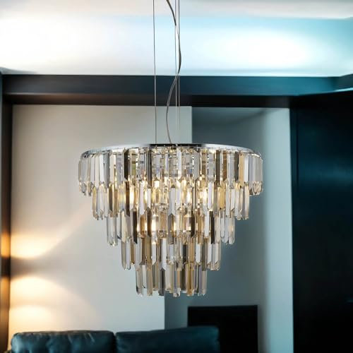 Licht-Erlebnisse Kronleuchter Kristall Ø 65 cm Höhe verstellbar bis 1,7 m Grau Creme Glas Art Déco 9x E14 Pendelleuchte Esszimmer Hängelampe Lüster