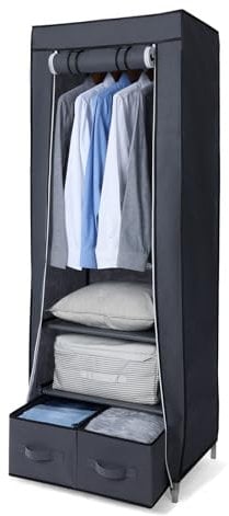 BOODEQP Armario portátil individual de lona, organizador de almacenamiento de ropa con 2 cajones y barra para colgar, armario plegable para ropa, bolsos, juguetes, zapatos, sala de estar, dormitorio,