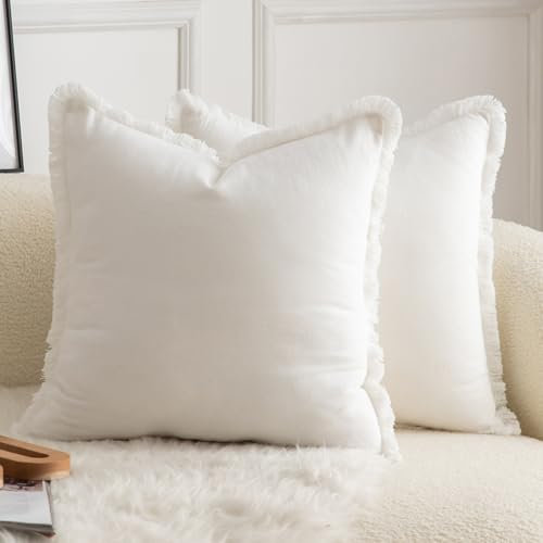 Mandioo 2er Set neutralen Baumwolle Quasten Kissenbezug 45x45cm Dekorative Kissenbezüge Dekokissen Boho Sofakissen Kissenhülle für Couch Sofa Schlafzimmer Wohnzimmer Heimdekoration Cremeweiß