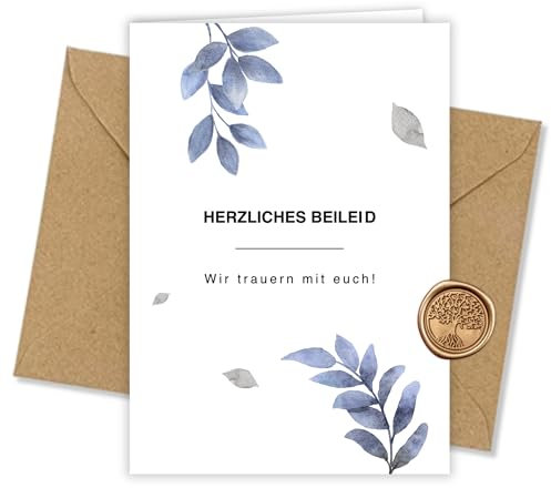 Trauerkarte inkl. Briefumschlag & Wachssiegel - Hochwertige Kondolenzkarte aus 300g Offsetkarton - Beileidskarte Made in Germany - Zweige & Blätter