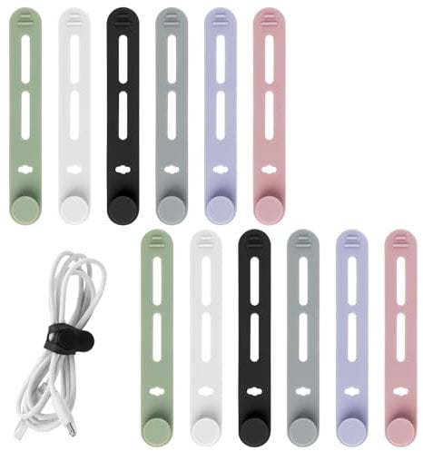 Silicone Cable Ties 12pcs - Reusable Flexible Organiser, Tidy Clips for Earphone, Phone Charger, Audio USB - Space-Saving Home Office Storage Solutions