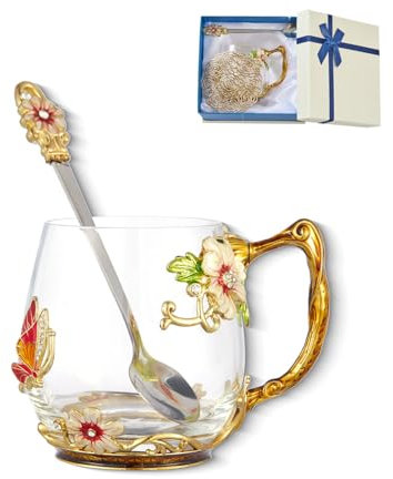 Fancy Coffee Mug Flower Tea Cup,Butterfly Daisy Clear Glass with Spoon,Gift Box,Hot And Cold Drinks Use,For Grandma Mom Wife Her Girls Friends Valentines Christmas Birthday Present Idea for Juice