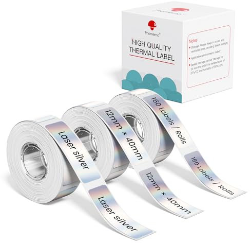 3 Rollen Phomemo D30 Etiketten, 12mm*40mm Selbstklebendes Thermo Phomemo D30 Etikettenband, kompatibel mit D30 D35 Q30 Q30S Q31 Etikettendrucker, 160 Etiketten/Rolle, 3 Rollen, Laser Silber