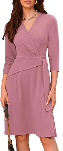 GRACE KARIN Robe midi pour femme avec col en V et manches 3/4, Gris/rose, XXL