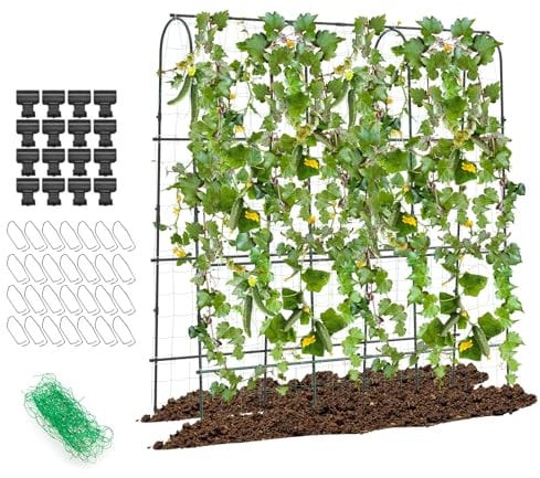HOMASIS Gurke Rankhilfe Set Metall, Rankgitter Bogen, Gitterspalier für Kletterpflanzen, Gartenspalier mit PP-Netz & 16 Clips & 28 Klammern, Pflanzenspalier Pflanzenstütze für Gemüse, 179x32-65x180 cm