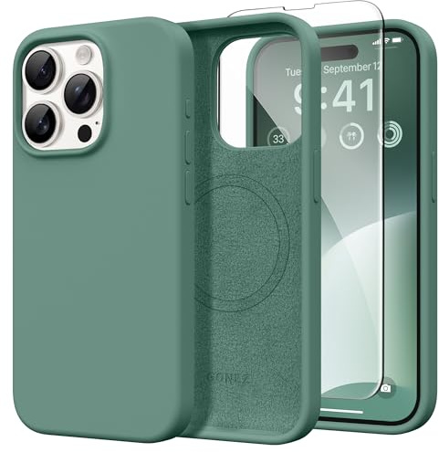GONEZ Magnetic for iPhone 15 Pro Case, Silicone Cover Midnight Green | Compatible with MagSafe, Screen Protector, Microfiber Lining, 3 Layers Soft Gel Rubber Shockproof Slim 6.1