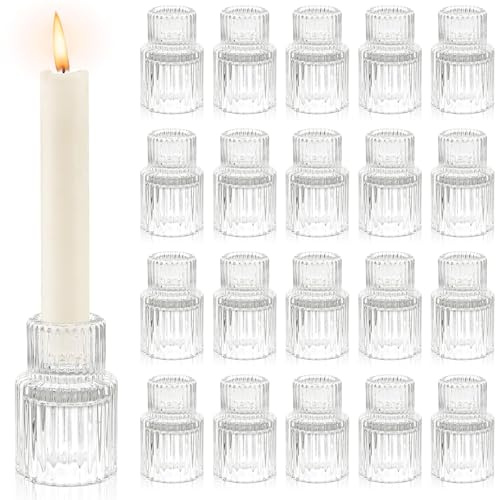Glass Candlestick Holders Set of 20, Small Clear Taper Candle Holders | Bulk, Fits 2.2cm Wide Candle, Striped Candle Stand Multipack for Table Centerpiece Baptism Wedding Dinner Party Home Decor